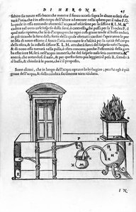 Alexandriai Heron (az idősebb) (1. század) által tervezett automata mechanizmus a templom ajtajának nyitására és zárására. Heron, Spiritalia alkotó: Unknown artist