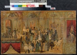Báljelmez az ördöggel (Fancy-dress Ball with Devil). Névtelen rajz, 19. század eleje, akvarell és gouache papíron. Állami Központi A. Bahrusin Színházi Múzeum, Moszkva alkotó: Unknown artist