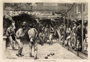 Labdázók Rómában (Olaszország). Francis Wey 1864-1868-as római utazását illusztráló metszet, amelyet a „Le tour du monde, nouveau Journal des voyages” jelent meg Edouard Charton irányítása alatt. alkotó: Unknown artist
