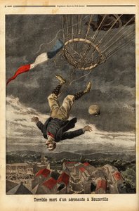Léggömbbaleset Beuzeville-ben gázkiesést követően a repülő elvesztette az irányítást, és leesett a ballonjáról, amelybe gondola nélkül szállt be. Metszet a „” Le petit Journal”-ban 1899.07.30. Selva kollekció. alkotó: Unknown artist