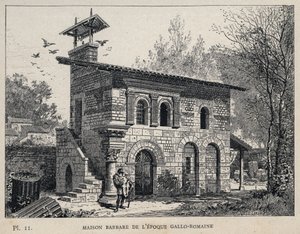 Gallo római kori barbár ház (Gallo-roman) – (Gallo-római barbár ház) 1889-es metszet „Az emberi lakhatás története az 1889-es egyetemes kiállításon, Charles GARNIER úr – Librairie centrale des beaux-arts Paris 1889” c. alkotó: Unknown artist