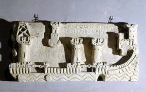 Dombormű, amely Pisa régi kikötőjét ábrázolja. Észrevesszük a kikötőhöz való hozzáférést akadályozó láncokat, amelyeket Genova trófeaként vitt el a Korzika elleni meloriai csata után. Genova, Pegli Tengerészeti Múzeum. 1290. alkotó: Unknown artist