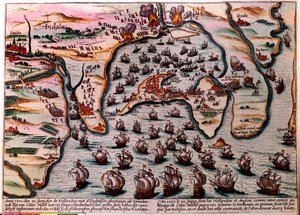 Cales Males (Spanyolország) csataterve 1596. június 30-án. A holland és az angol hadsereg flottája barátként vonul be Cales Malesbe 180 hajóval. Másnap, július 1-jén áruláson meglepve szégyenkezve el kellett hagyniuk a várost. Metszés alkotó: Unknown artist