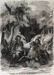 Roland és Ferragus közötti csata – 1851-es metszet Ludovico Ariosto „Dühös Roland” (Orlando furioso) című könyvéből (16. század), Ariosta néven ismert – Tressan gróf olasz nyelvről fordított kiadása, Gustave Harvard 1851. alkotó: Unknown artist