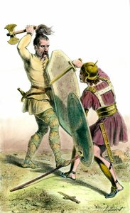 Csata egy frank katona és egy római katona között. 19. századi metszet magángyűjtemény alkotó: Unknown artist