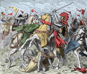 Csata az Elsteren: Sváb Rudolf halálosan megsebesült - A szászok lázadása (1073-1075): Rheinfelden Rodolf (kb. 1025-1080), Sváb hercege és a rómaiak antikja halálosan megsebesül az Elster melletti csatában, IV. Henrik csapatai ellen alkotó: Unknown artist