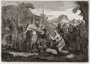 Royaumont Biblia, Ószövetség: Abigail. Abigail, Nábál felesége bölcsességével csillapítja Dávid haragját. Illusztráció 1811-ből. alkotó: Unknown artist