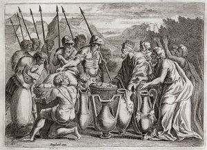 Royaumont Biblia, Ószövetség: Abraham Delivre Loth. Ábrahám megmenti Lothot, az unokaöccsét az ellenségek kezéből. A főpap Melchisedek (Melkizedek vagy Melkizedek vagy Melkisedek vagy Melki-Tsedeq vagy Melki Tsedeq) benit. Szodoma királya felajánlotta neki alkotó: Unknown artist