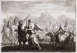 Royaumont Biblia, Ószövetség: Ábrahám elhívása. Isten hívja Ábrahámot, és megparancsolja neki, hogy hagyja el a káldeusok földjét, és jöjjön egy olyan földre, amelyet megígért neki, hogy megadja neki. Illusztráció 1811-ből. alkotó: Unknown artist