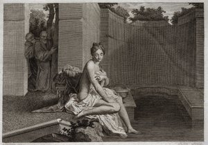 Royaumont-i Biblia, Ószövetség: Suzanne szarvasa. Két vén, a népbírák megrontják Chastete Suzanne-t, miközben ő egyedül volt a kertjében és fürdött. Illusztráció 1811-ből. alkotó: Unknown artist