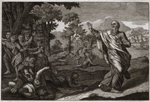 Royaumont Biblia, Ószövetség: A gyerekek felfalják a medvéket. Az Elizeus kopaszságán gúnyoló gyerekeket megtépik a medvék. Illusztráció 1811-ből. alkotó: Unknown artist