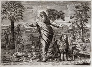 Royaumont Biblia, Ószövetség: A világ teremtése. Isten kirángatja az eget és a földet a semmiből, és hat nap alatt feldíszíti azt és a mindenféle teremtmény embereit. Illusztráció 1811-ből. alkotó: Unknown artist