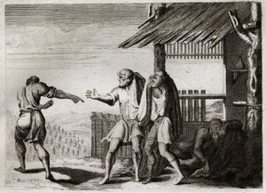 Royaumont bibliája, Ószövetség: Atyjának elátkozott cham (Noé részegség). Cham, Noe második gyermeke, látja, hogy apja illetlen testhelyzetben van, nem törődik vele, és átkozzák őt. Illusztráció 1811-ből. alkotó: Unknown artist