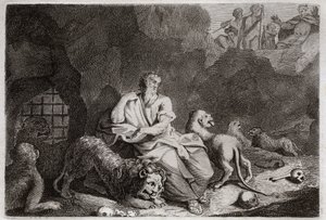 Royaumont Biblia, Ószövetség: Dániel az oroszlánok gödörében. Dánielt az Oroszlánok gödörébe viszik, és csodával határos módon részeg. Illusztráció 1811-ből. alkotó: Unknown artist