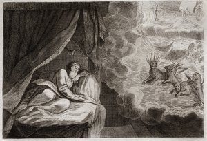 Royaumont Biblia, Ószövetség: Dániel látomása az asszírok, perzsák, görögök és rómaiak négy monarchiájáról. Négy szörnyet látnak: Hanielt, Kafzielt, Azrielt, Anielt. Illusztráció 1811-ből. alkotó: Unknown artist