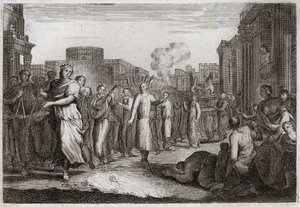Royaumont bibliája, Ószövetség: Dávid a frigyláda előtt táncol. Dávid, miután másodszor is elhatározta, hogy hazahozza a bárkát, levitákkal szállítja, hogy elkerülje az ózaihoz hasonló balesetet. Elöl táncol alkotó: Unknown artist