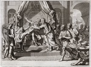 Royaumont Biblia, Ószövetség: Dávid hárfán játszik. Sault Istentől elutasítva megragadja a gonosz szellem. Olyan embert keresünk, aki tud hárfán játszani, hogy megszabadítsa gonoszságában. Illusztráció 1811-ből. alkotó: Unknown artist