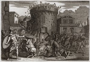 Royaumont Biblia, Ószövetség: Abimelek halála. Abiméleket (Abimelec vagy Ahimelek vagy Ahimelek) megöli egy nő, aki Tebetz ostrománál kővel leüti. Illusztráció 1811-ből. alkotó: Unknown artist