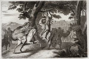Royaumont Biblia, Ószövetség: Absolon halála. A csatából menekülő Absalom (vagy Avshalom, Absalom) tölgyes hajánál fogva, vagy Joáb három nyilas szívébe szúr. Illusztráció 1811-ből. alkotó: Unknown artist