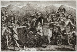 Royaumont Biblia, Ószövetség: Akháb halála. Ahab (Akhab) háborút viselt Szíria ellen, és egy véletlenszerű nyílvesszővel megölték. Illusztráció 1811-ből. alkotó: Unknown artist