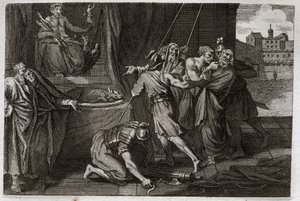 Royaumont Biblia, Ószövetség: Eleázár halála. Az öreg szent Eleázárt Antiochos IV Epiphane (Kr. e. 175-164) parancsára megölték, mert nem akart úgy tenni, mintha védett húst eszik. Illusztráció 1811-ből. alkotó: Unknown artist
