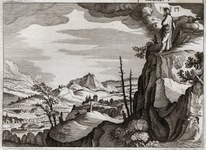 Royaumont Biblia, Ószövetség: Mózes halála. Isten megmutatja Mózesnek Kánaán földjét a Nébo hegy tetejéről, ahol meghal, anélkül, hogy tudná, hol van a teste. Illusztráció 1811-ből. alkotó: Unknown artist