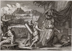 Royaumont Biblia, Ószövetség: Sisara halála. Yael (Jael) megöli a kánai hadsereg Sisra (Sisera vagy Sisara) fejét. Illusztráció 1811-ből. alkotó: Unknown artist