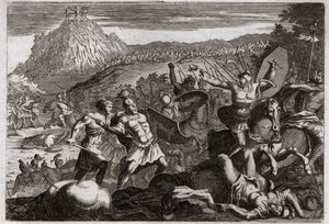 Royaumont Biblia, Ószövetség: Amalec (Amalek) veresége. Mózes győzelmet aratott az amálekiták felett, kezét magasra emelve a mennyben. Illusztráció 1811-ből. alkotó: Unknown artist
