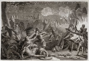 Royaumont Biblia, Ószövetség: A midianiták legyőzése a trombiták hangja és a lámpák fénye által. Illusztráció 1811-ből. alkotó: Unknown artist