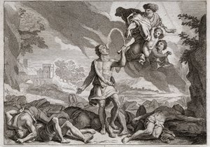 Royaumont Biblia, Ószövetség: A filiszteusok veresége. Sámson ezer filiszteust öl meg szamárpofával. Isten vizet bocsát ki az állkapocsból, hogy Sámson olthassa szomját. Illusztráció 1811-ből. alkotó: Unknown artist