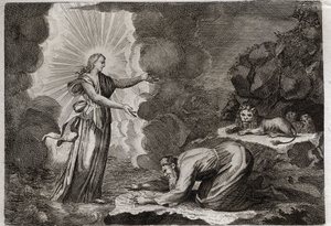 Royaumont Biblia, Ószövetség: Dániel szabadulása. Daniel, az oroszlánok barlangjában, csodálatos módon részeg. Illusztráció 1811-ből. alkotó: Unknown artist