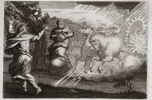 Royaumont Biblia, Ószövetség: Illés gyönyörködik a mennyben. Illést tűzes szekéren viszik a mennybe tanítványa jelenlétében. Elizeus megkapja tőle kettős elméjét: Illés palástjával kettéosztja a Jordán vizét. Illust alkotó: Unknown artist