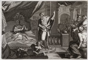 Royaumont Biblia, Ószövetség: Ezékiás egészséget kap. Ezékiás király megbetegedett a halálakor, meggyógyult és további tizenöt évig élt. Ézsaiás próféta (Ézsaiás) meghirdeti a háborúját: a jel az lesz, hogy tíz fokkal kitoljuk az óra árnyékát. alkotó: Unknown artist