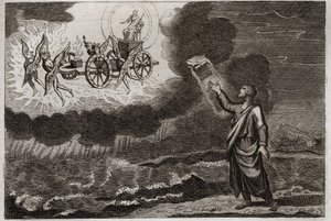 Royaumont Biblia, Ószövetség: Ezékiel próféta. Szent Prófétának volt egy látomása, amikor az Úr megjelent neki egy szekéren, amelyet négy kerubin (tetramorf) vitt. Illusztráció 1811-ből. alkotó: Unknown artist