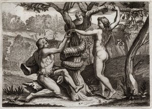 Royaumont Biblia, Ószövetség: Ádám bukása. A Démon a kígyó arca alatt beszél Évához, és a sátorhoz, hogy egyen tiltott gyümölcsöt: Éva elesik, és Ádámot is elbuktatja. Illusztráció 1811-ből. alkotó: Unknown artist