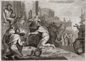 Royaumont bibliája, Ószövetség: Salamon bukása. Salamont megrontják az asszonyok, és tömjént kínál a hamis istenek bálványainak. Az ő halála. Illusztráció 1811-ből. alkotó: Unknown artist