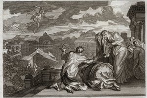 Royaumont Biblia, Ószövetség: A pestisbolha. És miután Dávid hiábavaló mozdulattal beárnyékolta egész népét, Isten döghalál sújtja országát, amely három nap alatt hetvenezer embert vesz igénybe. Illusztráció 1811-ből. alkotó: Unknown artist