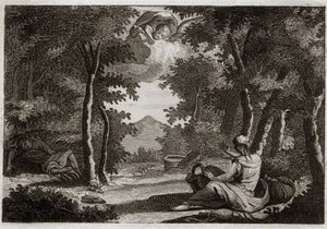 Royaumont Biblia, Ószövetség: Agar menekülése. Agar (Hagar) felemelkedik a mesében, Sara (Sarah) az ő szeretője. Sara komolyan fecsegeti arcátlanságát. Agar nem tudja elszenvedni, és elmenekült a sivatagban lévő házból, vagy egy angyal beszél vele, hogy ho alkotó: Unknown artist