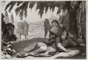 Royaumont bibliája, Ószövetség: Illés menekülése. A Jezabel haragja elől menekülő Illést, aki bosszút akart állni rajta hamis prófétáinak haláláért, egy angyal támogatja a sivatagban, aki ételt hoz neki. Illusztráció 1811-ből. alkotó: Unknown artist