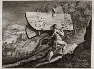Royaumont bibliája, Ószövetség: Gáza kapui. Sámson, zárd be Gázába, szakítsd ki a városkapukat. Illusztráció 1811-ből. alkotó: Unknown artist