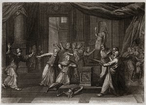 Royaumont Biblia, Ószövetség: Matathias generosite. Mathathias (Mattathias), a Makabeusok (Makkabeusok, Makabeusok) atyja, megöl egy zsidót, aki Isten törvényének szent zeléje által áldozott a bálványoknak. Illusztráció 1811-ből. alkotó: Unknown artist