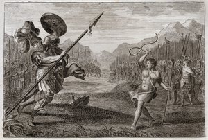 Royaumont Biblia, Ószövetség: Óriás Góliát. A csodálatos nagyságú filiszteus Góliátot legyőzi Dávid, csak hevederrel és bottal fegyver. Illusztráció 1811-ből. alkotó: Unknown artist