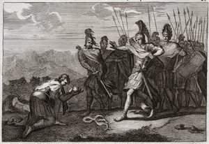 Royaumont Biblia, Ószövetség: Saul feje. A filiszteusok élvezik Saul halálát, és fejét bálványuknak ajánlják. Dávid megbánja a halálát, és Júdeába megy, különben királlyá ismerik el Hebronban. Illusztráció 1811-ből. alkotó: Unknown artist