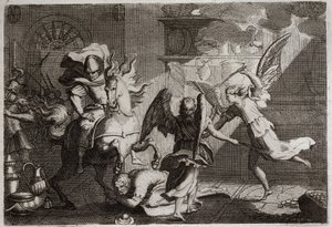 Royaumont Biblia, Ószövetség: Heliodore a templomra vadászik. Heliodore-t (Heliodorost), akit uralkodója küldött a jeruzsálemi templom kifosztására, yardokkal verték az angyalok. Illusztráció 1811-ből. alkotó: Unknown artist