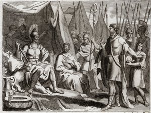 Royaumont Biblia, Ószövetség: Holoferne. II. Nabukodonozor karjának tábornoka, Holoferne Júdeához közeledik. Ahior, az ammoniták királya, aki azért jött, hogy visszaadja neki, Holoferne elé emeli a zsidók Istenének hatalmát. Illusztráció a 181-ből alkotó: Unknown artist