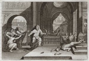 Royaumont Biblia, Ószövetség: Dagon bálványa. És amikor a filiszteusok a frigyládát a templomba helyezték Dágon, az ő Istenük mellé, lerontotta bálványukat, és mindnyájukat megütötte egy nagyon arató csapás, amely arra kényszerítette őket, hogy elküldjék ő alkotó: Unknown artist