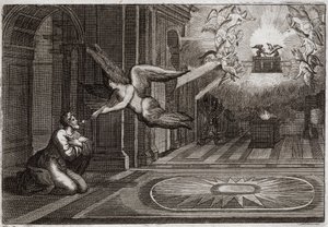 Royaumont Biblia, Ószövetség: Ésaiás próféta. Egy szerafin fogott csipesszel egy égő szenet, amely az oltáron volt, és megérintette ennek a szent próféta ajkát, hogy megtisztítsa minden szennyeződésétől. Illusztráció 1811-ből. alkotó: Unknown artist