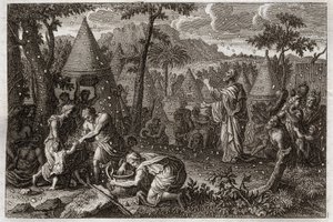 Royaumont Biblia, Ószövetség: Zsidók a sivatagban (vagy a manna lázadása). Isten mannát hullat az égből negyven évig. Illusztráció 1811-ből. alkotó: Unknown artist