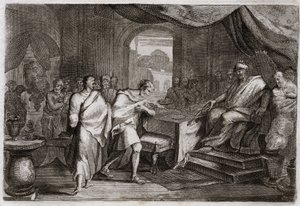 Royaumont bibliája, Ószövetség: Joachim vasat lő. Evilmerodach (Evil Merodac, Evil Merodac), Babilon királya II. Nabukodonozor halála után bánik Joachimommal (Joakim, Joachin, Jechoniah), Júda egykori királyával, és vasalókból rántja, hogy üljön alkotó: Unknown artist