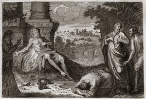 Royaumont Biblia, Ószövetség: Jób trágyán. A szent embert, Jóbot megkísérti a démon, aki elveszi minden javát és minden gyermekét, szörnyű sebet ejt, és csak a feleségét hagyja, hogy türelmetlenül hordozza. Illusztráció a 181-ből alkotó: Unknown artist